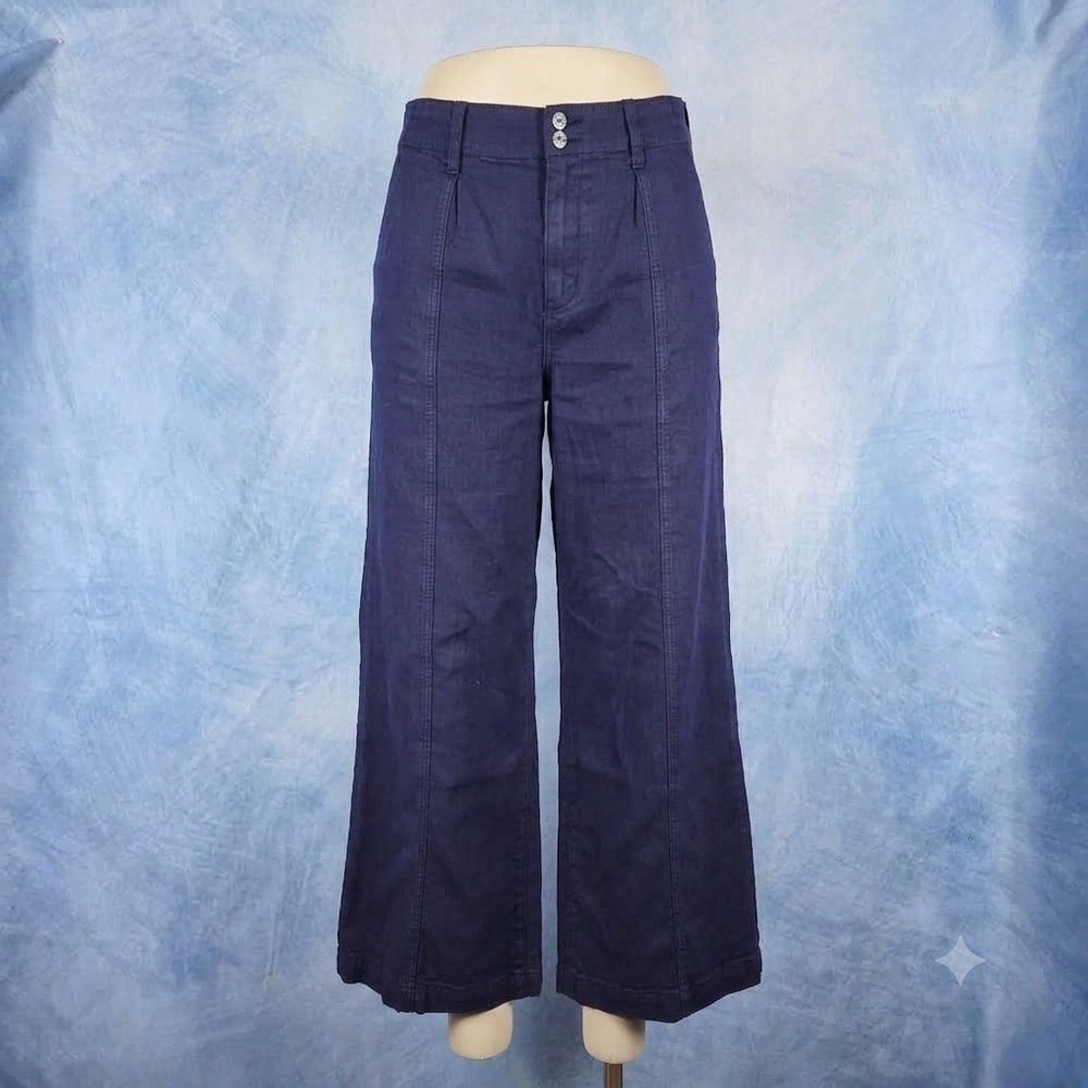 Paige Annessa High Rise Wide Leg Cropped Pants Navy Blue Seam Detail Size 31